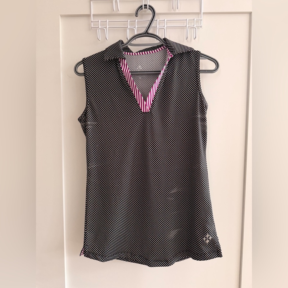 Jofit Black and White Polka Dot Sleeveless V-Neck Tank with Pink Stripe Trim